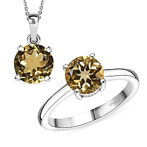 D'Joy Brazilian Citrine 2.55 ctw Ring (Size 5.0) and Pendant Necklace 20 Inches in Rhodium Over Sterling Silver