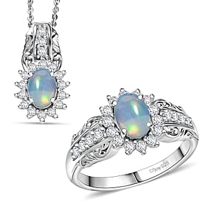 D'Joy Ethiopian Welo Opal and White Zircon 1.85 ctw Ring (Size 5.0), and Pendant Necklace 20 Inches in Rhodium Over Sterling Silver