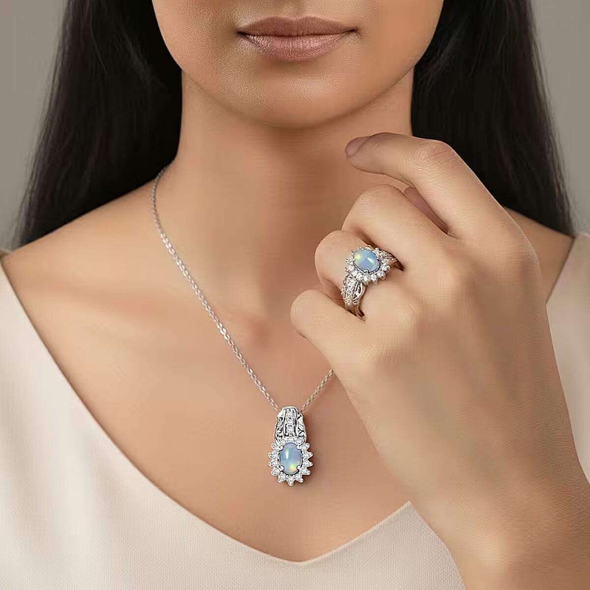 D'Joy Ethiopian Welo Opal and White Zircon 1.85 ctw Ring (Size 5.0), and Pendant Necklace 20 Inches in Rhodium Over Sterling Silver (Del. In 10-12 Days) image number 1
