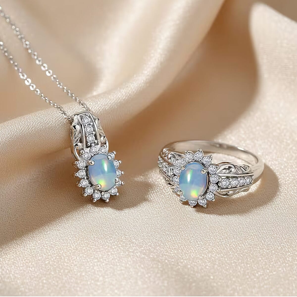 D'Joy Ethiopian Welo Opal and White Zircon 1.85 ctw Ring (Size 5.0), and Pendant Necklace 20 Inches in Rhodium Over Sterling Silver (Del. In 10-12 Days) image number 4