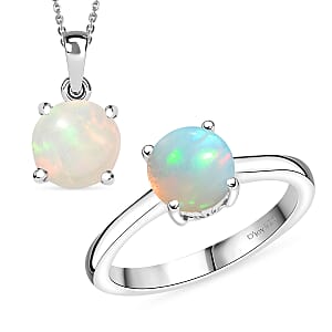 D'Joy Ethiopian Welo Opal 1.80 ctw Ring (Size 9.0) and Pendant Necklace 20 Inches in Rhodium Over Sterling Silver