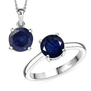 D'Joy Masoala&nbsp;Sapphire&nbsp;(D) 4.00 ctw Ring (Size 5.0) and Pendant Necklace 20 Inches in Rhodium Over Sterling Silver