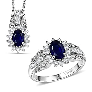 D'Joy Masoala&nbsp;Sapphire&nbsp;(D) a 5.0), and White Zircon 3.50 ctw Ring (Size 5.0) and Pendant Necklace 20 Inches in Rhodium Over Sterling Silver