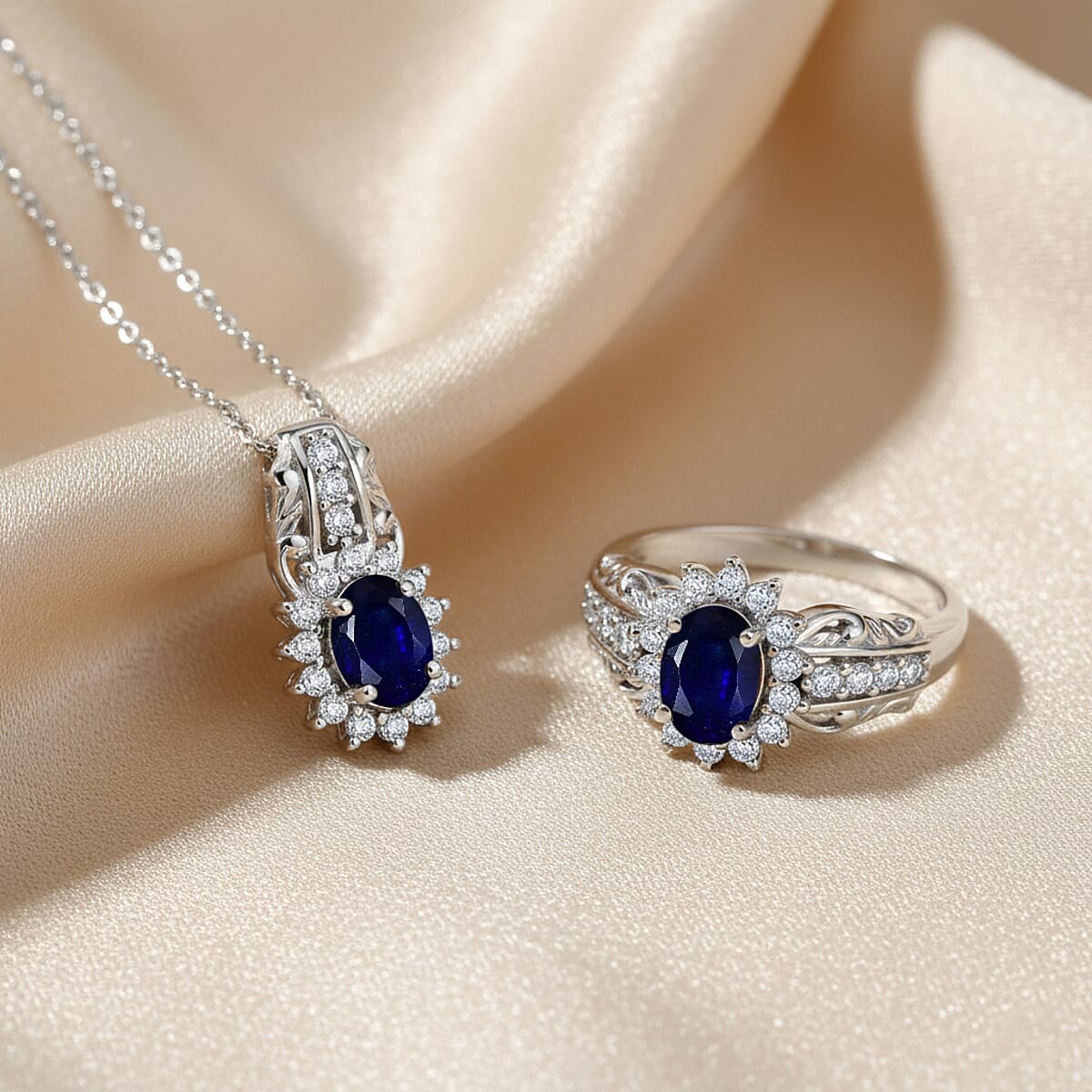 D'Joy Masoala&nbsp;Sapphire&nbsp;(D) a 5.0), and White Zircon 3.50 ctw Ring (Size 5.0) and Pendant Necklace 20 Inches in Rhodium Over Sterling Silver image number 1