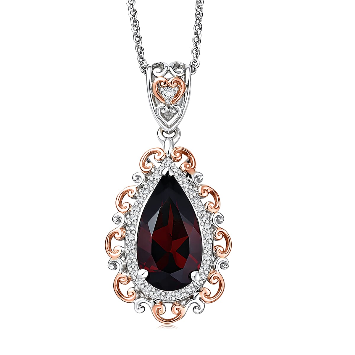 (Do Not Schedule For LS) D'Joy Premium Mozambique Garnet and Moissanite 3.50 ctw Flame Muse Pendant Necklace in 18K Vermeil RG and Rhodium Over Sterling Silver 20 Inches