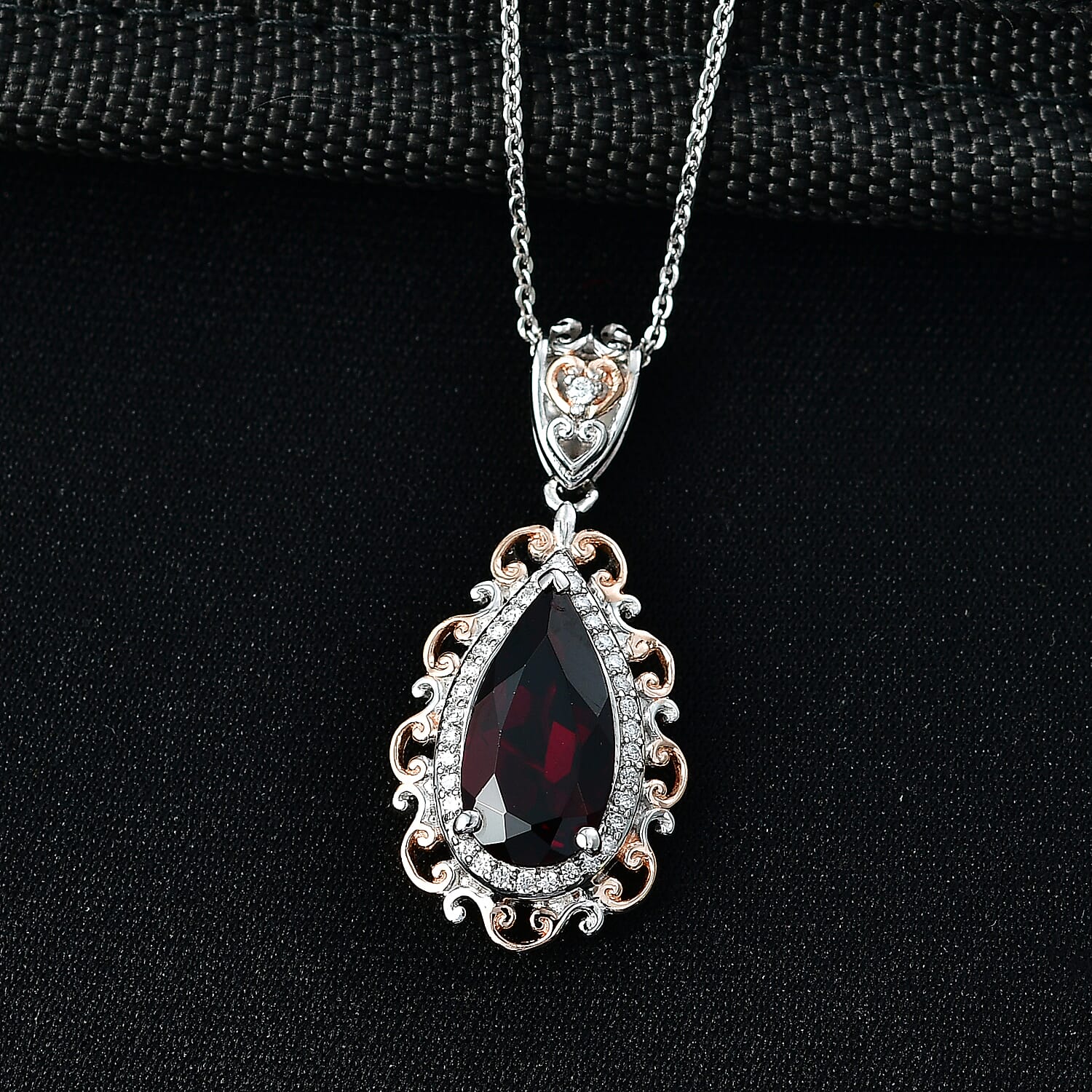 (Do Not Schedule For LS) D'Joy Premium Mozambique Garnet and Moissanite 3.50 ctw Flame Muse Pendant Necklace in 18K Vermeil RG and Rhodium Over Sterling Silver 20 Inches
