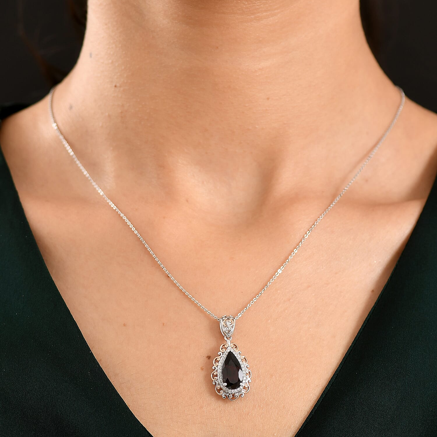 (Do Not Schedule For LS) D'Joy Premium Mozambique Garnet and Moissanite 3.50 ctw Flame Muse Pendant Necklace in 18K Vermeil RG and Rhodium Over Sterling Silver 20 Inches