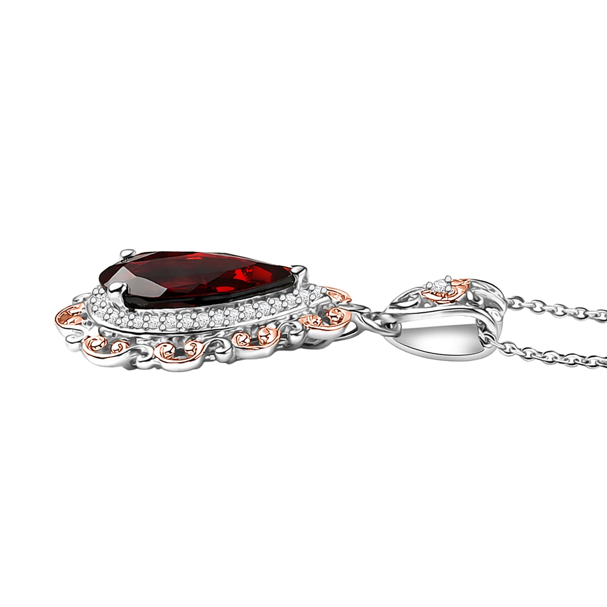 (Do Not Schedule For LS) D'Joy Premium Mozambique Garnet and Moissanite 3.50 ctw Flame Muse Pendant Necklace in 18K Vermeil RG and Rhodium Over Sterling Silver 20 Inches