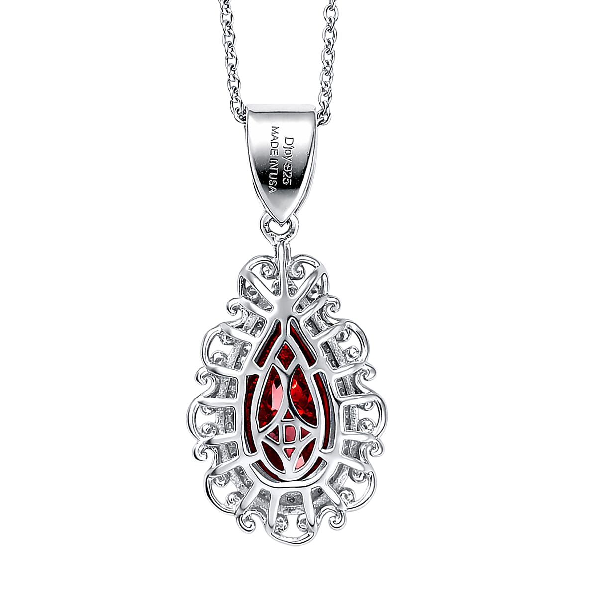 (Do Not Schedule For LS) D'Joy Premium Mozambique Garnet and Moissanite 3.50 ctw Flame Muse Pendant Necklace in 18K Vermeil RG and Rhodium Over Sterling Silver 20 Inches