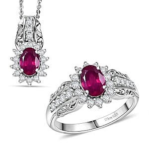 D'Joy Niassa Ruby (FF) 5.0), and White Zircon 3.30 ctw Ring (Size 5.0) and Pendant Necklace 20 Inches in Rhodium Over Sterling Silver