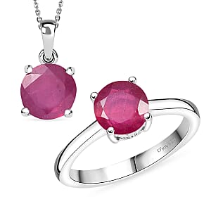 D'Joy Niassa Ruby (FF) 4.40 ctw Ring (Size 5.0) and Pendant Necklace 20 Inches in Rhodium Over Sterling Silver