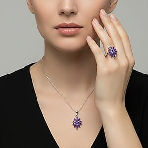 D'Joy African Amethyst 2.00 ctw Ring (Size 5.0), and Pendant Necklace 20 Inches in Rhodium Over Sterling Silver