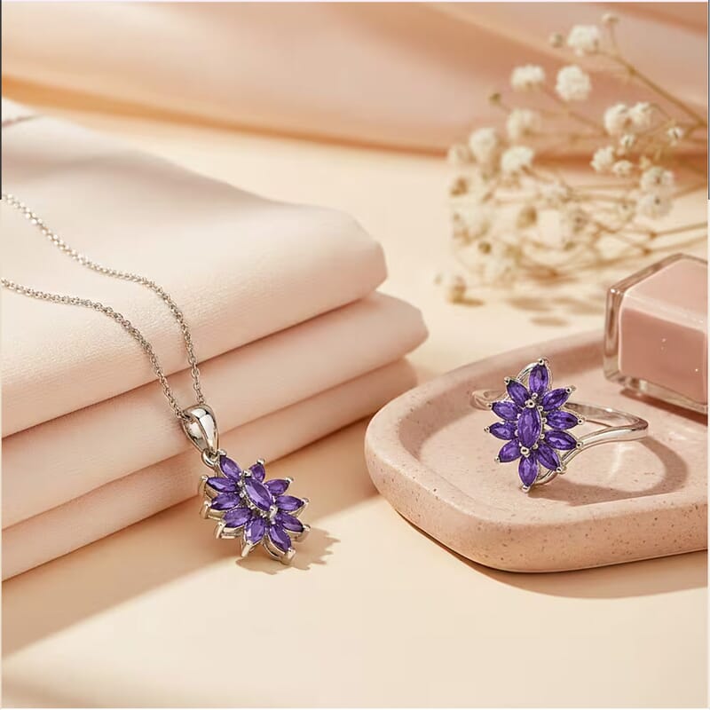 D'Joy African Amethyst 2.00 ctw Ring (Size 5.0), and Pendant Necklace 20 Inches in Rhodium Over Sterling Silver