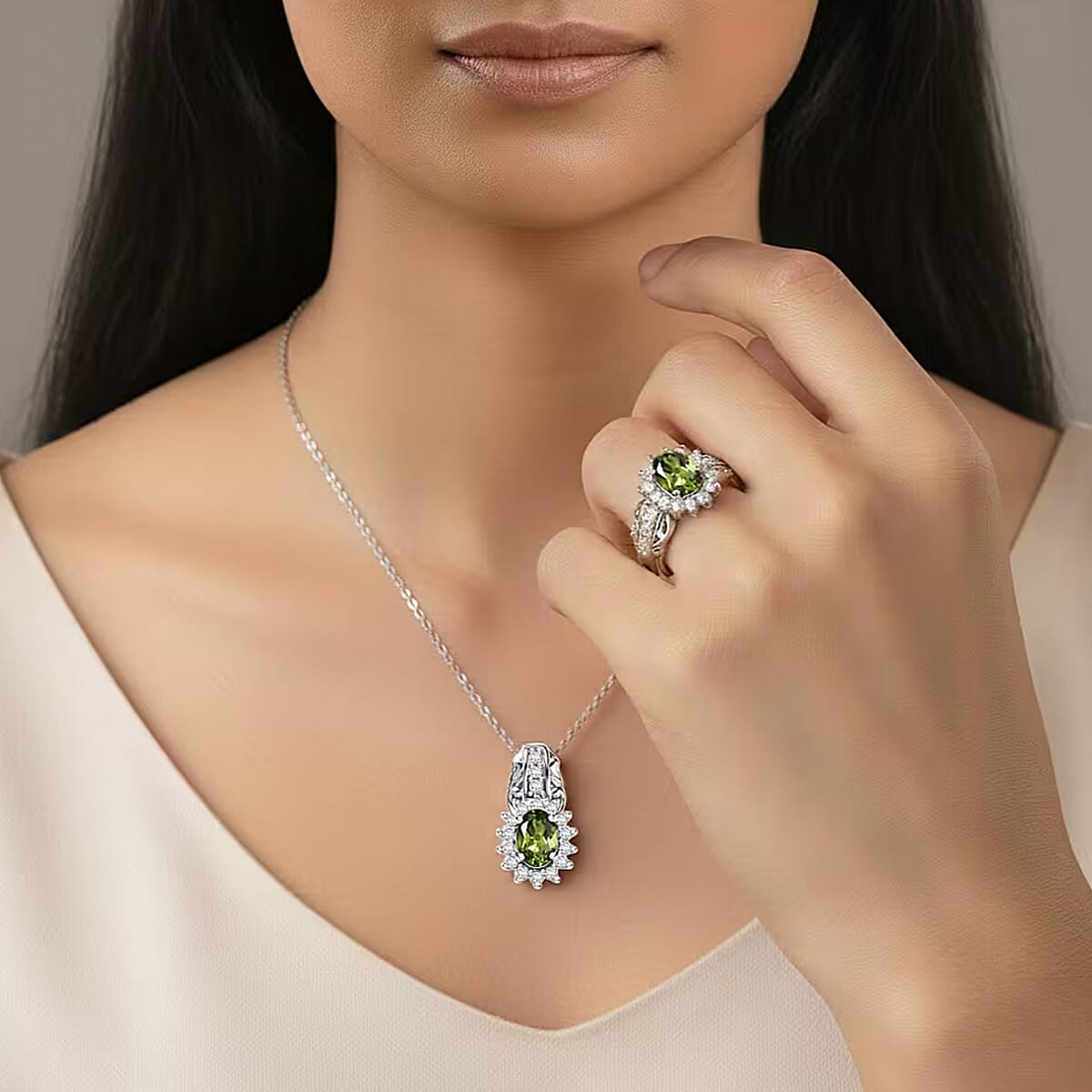 D'Joy Hebei Peridot and White Zircon 2.75 ctw Ring (Size 5.0), and Pendant Necklace 20 Inches in Rhodium Over Sterling Silver (Del. In 10-12 Days) image number 1