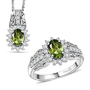 D'Joy Hebei Peridot and White Zircon 2.75 ctw Ring (Size 9.0), and Pendant Necklace 20 Inches in Rhodium Over Sterling Silver