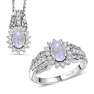 D'Joy Rainbow Moonstone and White Zircon 3.20 ctw Ring (Size 5.0), and Pendant Necklace 20 Inches in Rhodium Over Sterling Silver
