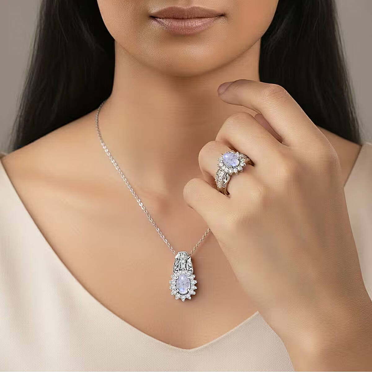 D'Joy Rainbow Moonstone and White Zircon 3.20 ctw Ring (Size 5.0), and Pendant Necklace 20 Inches in Rhodium Over Sterling Silver (Del. In 10-12 Days) image number 1