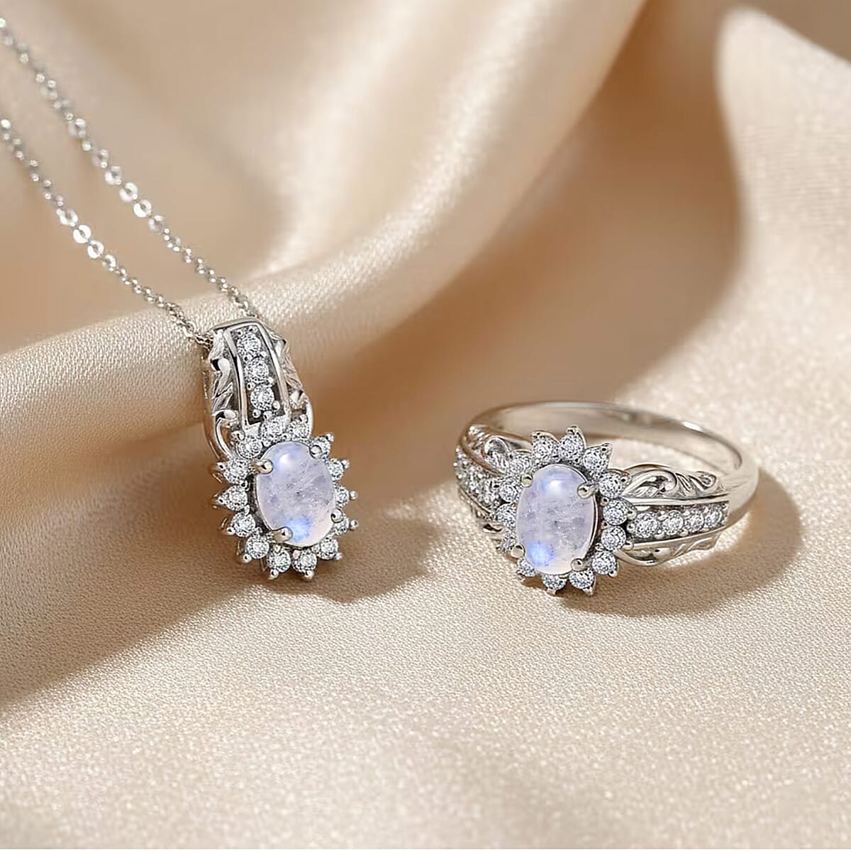 D'Joy Rainbow Moonstone and White Zircon 3.20 ctw Ring (Size 5.0), and Pendant Necklace 20 Inches in Rhodium Over Sterling Silver (Del. In 10-12 Days) image number 4