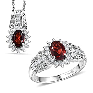 D'Joy Mozambique Garnet and White Zircon 2.80 ctw Ring (Size 9.0), and Pendant Necklace 20 Inches in Rhodium Over Sterling Silver
