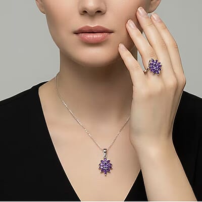 D'Joy African Amethyst 2.00 ctw Ring (Size 6.0), and Pendant Necklace 20 Inches in Rhodium Over Sterling Silver