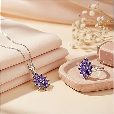 D'Joy African Amethyst 2.00 ctw Ring (Size 6.0), and Pendant Necklace 20 Inches in Rhodium Over Sterling Silver