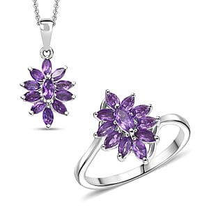 D'Joy African Amethyst 2.00 ctw Ring (Size 9.0), and Pendant Necklace 20 Inches in Rhodium Over Sterling Silver