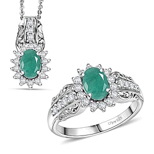 D'Joy Socoto Emerald and White Zircon 2.50 ctw Ring (Size 7.0), and Pendant Necklace 20 Inches in Rhodium Over Sterling Silver