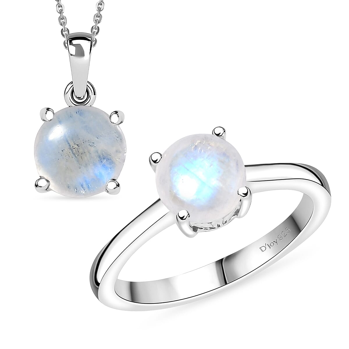 D'Joy Rainbow Moonstone 3.10 ctw Ring (Size 5.0) and Pendant Necklace 20 Inches in Rhodium Over Sterling Silver