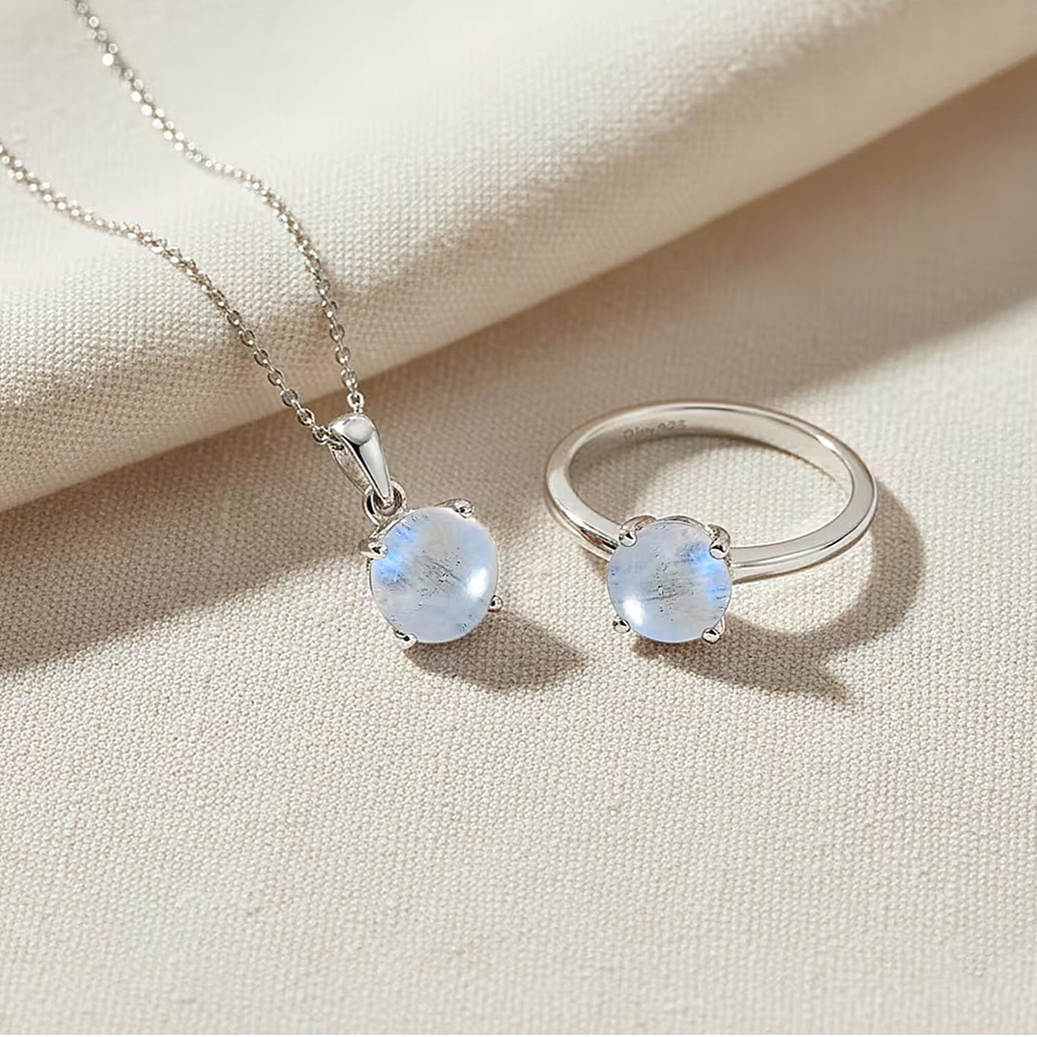 D'Joy Rainbow Moonstone 3.10 ctw Ring (Size 5.0) and Pendant Necklace 20 Inches in Rhodium Over Sterling Silver