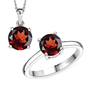 D'Joy Mozambique Garnet 3.00 ctw Ring (Size 8.0) and Pendant Necklace 20 Inches in Rhodium Over Sterling Silver