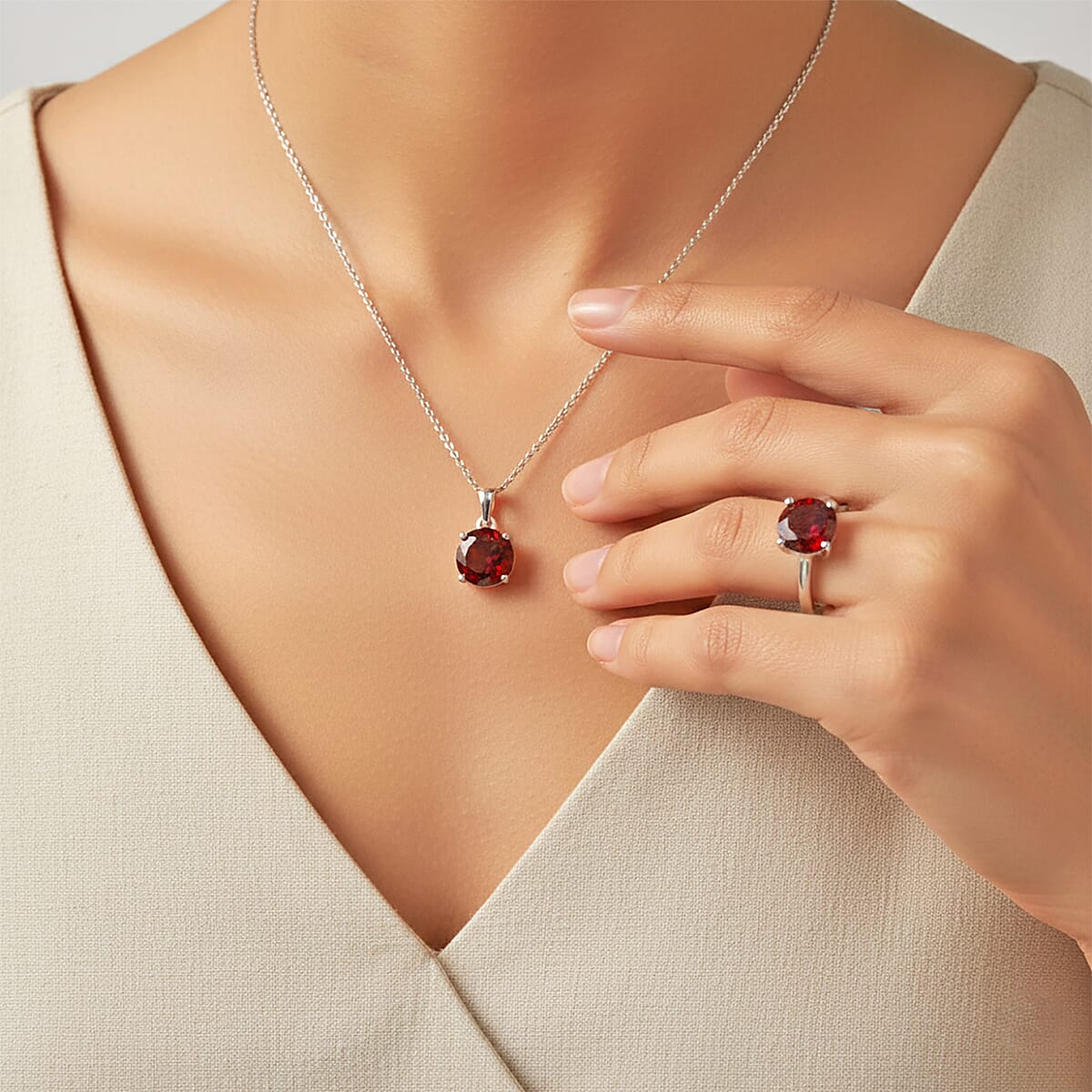 D'Joy Mozambique Garnet 3.00 ctw Ring (Size 8.0) and Pendant Necklace 20 Inches in Rhodium Over Sterling Silver image number 2