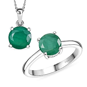 D'Joy Socoto Emerald 2.35 ctw Ring (Size 5.0) and Pendant Necklace 20 Inches in Rhodium Over Sterling Silver