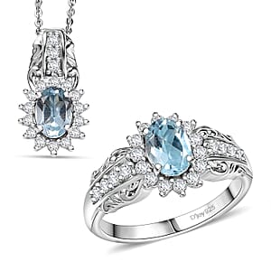 D'Joy Sky Blue Topaz and White Zircon 2.90 ctw Ring (Size 9.0), and Pendant Necklace 20 Inches in Rhodium Over Sterling Silver