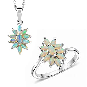 D'Joy Ethiopian Welo Opal 1.40 ctw Ring (Size 8.0), and Pendant Necklace 20 Inches in Rhodium Over Sterling Silver
