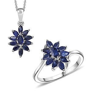 D'Joy Masoala&nbsp;Sapphire&nbsp;(D) 2 5.0), 2.90 ctw Ring (Size 5.0) and Pendant Necklace 20 Inches in Rhodium Over Sterling Silver