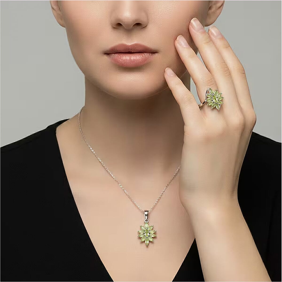 D'Joy Hebei Peridot 2.00 ctw Ring (Size 5.0), and Pendant Necklace 20 Inches in Rhodium Over Sterling Silver (Del. In 10-12 Days) image number 1