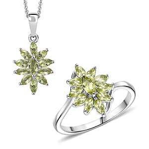 D'Joy Hebei Peridot 2.00 ctw Ring (Size 7.0), and Pendant Necklace 20 Inches in Rhodium Over Sterling Silver