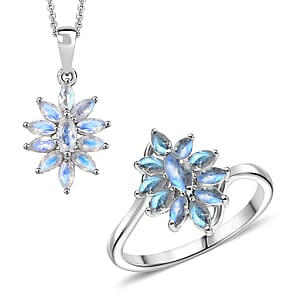 D'Joy Rainbow Moonstone 1.90 ctw Ring (Size 8.0), and Pendant Necklace 20 Inches in Rhodium Over Sterling Silver