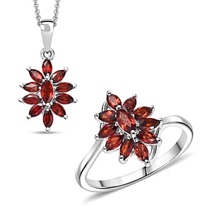 D'Joy Mozambique Garnet 2.40 ctw Ring (Size 5.0), and Pendant Necklace 20 Inches in Rhodium Over Sterling Silver