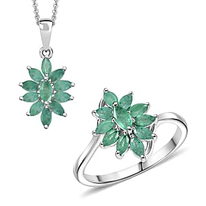 D'Joy Socoto Emerald 1.80 ctw Ring (Size 8.0), and Pendant Necklace 20 Inches in Rhodium Over Sterling Silver