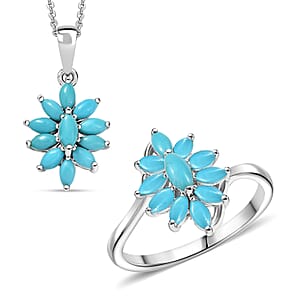 D'Joy Sleeping Beauty Turquoise 2.00 ctw Ring (Size 7.0), and Pendant Necklace 20 Inches in Rhodium Over Sterling Silver