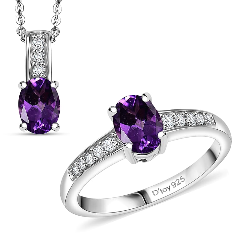 D'Joy African Amethyst and White Zircon 1.90 ctw Ring (Size 8.0), and Pendant Necklace 20 Inches in Rhodium Over Sterling Silver