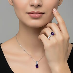 D'Joy African Amethyst, White Zircon Ring (Size 8.0), Pendant Necklace (20 Inches) in Rhodium Over Sterling Silver 1.90 ctw