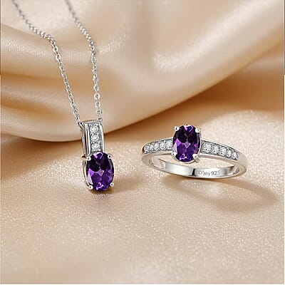 D'Joy African Amethyst and White Zircon 1.90 ctw Ring (Size 8.0), and Pendant Necklace 20 Inches in Rhodium Over Sterling Silver