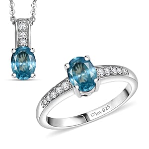 D'Joy Cambodian Blue Zircon and White Zircon 3.00 ctw Ring (Size 8.0), and Pendant Necklace 20 Inches in Rhodium Over Sterling Silver