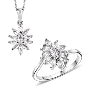 D'Joy White Topaz 2.30 ctw Ring (Size 9.0), and Pendant Necklace 20 Inches in Rhodium Over Sterling Silver