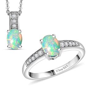 D'Joy Ethiopian Welo Opal and White Zircon 1.40 ctw Ring (Size 9.0), and Pendant Necklace 20 Inches in Rhodium Over Sterling Silver
