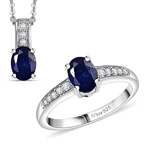 D'Joy Masoala&nbsp;Sapphire&nbsp;(D) a 9.0), and White Zircon 3.00 ctw Ring (Size 5.0) and Pendant Necklace 20 Inches in Rhodium Over Sterling Silver