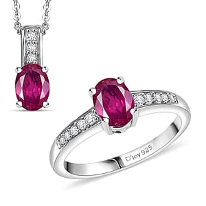 D'Joy Niassa Ruby (FF) 5.0), and White Zircon 3.00 ctw Ring (Size 5.0) and Pendant Necklace 20 Inches in Rhodium Over Sterling Silver
