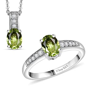 D'Joy Hebei Peridot and White Zircon 2.15 ctw Ring (Size 7.0), and Pendant Necklace 20 Inches in Rhodium Over Sterling Silver